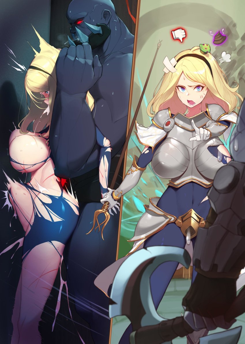 armor before_and_after breasts comic cum distended_belly distension instant_loss_2koma league_of_legends luxanna_crownguard male penis rape ryona sion warrior yanje