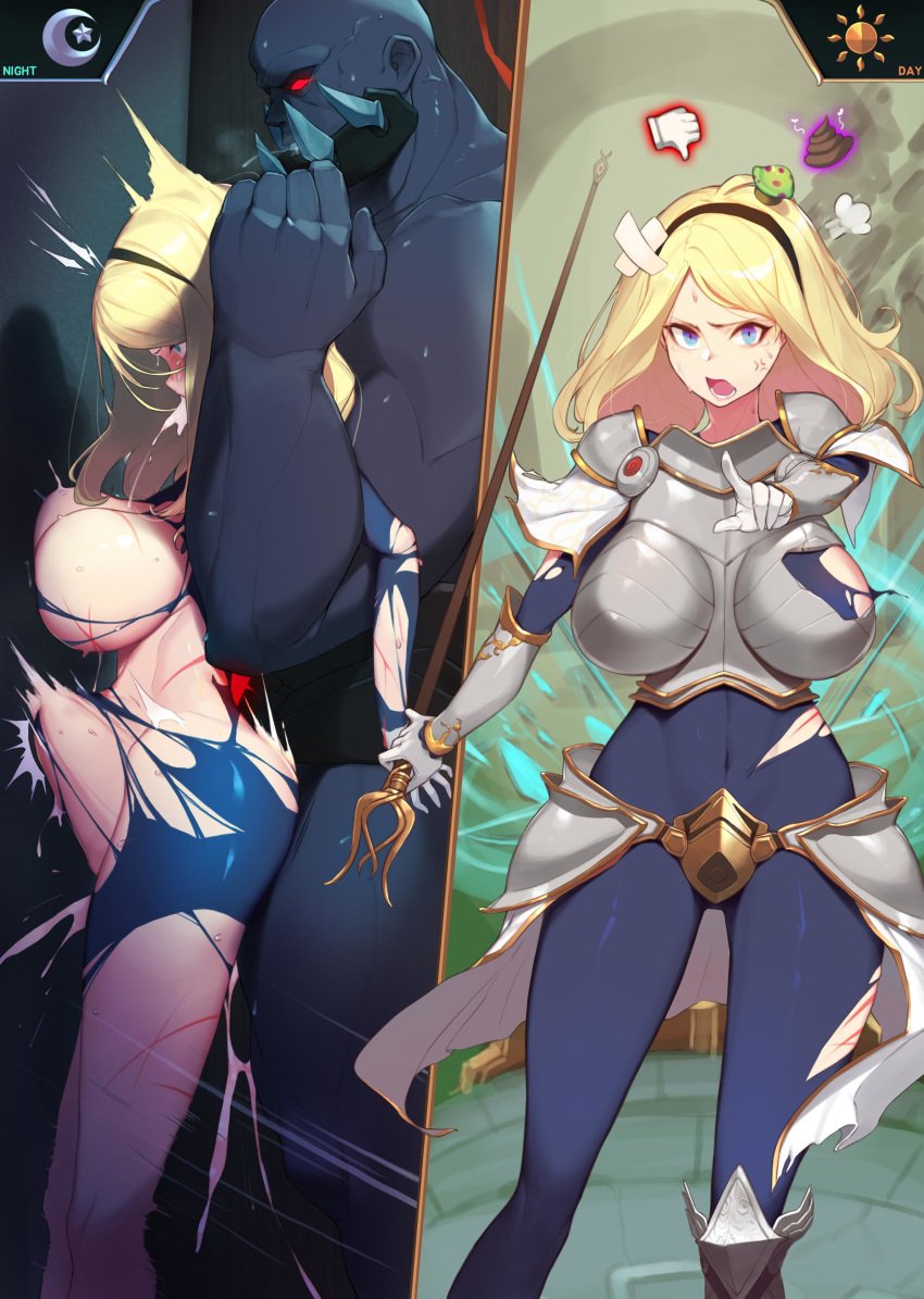 breasts comic cum cum_in_mouth distended_belly distension league_of_legends luxanna_crownguard male penis rape ryona sion stomach_bulge yanje