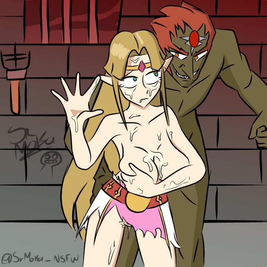 after_rape bad_censor blonde_hair blue_eyes breasts bukkake censored covered_nipples covering cum_on_body cum_on_breasts cum_on_face dark_skin elf female ganondorf jail male nintendo pointy_chin princess_zelda rape size_difference srmoka the_legend_of_zelda zelda_(a_link_between_worlds)