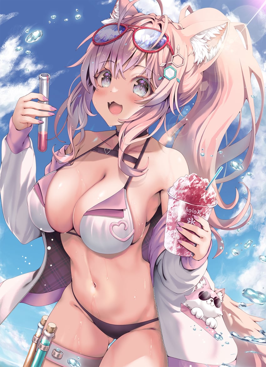 :d animal_ear_fluff animal_ears antenna_hair bangs bikini black_bikini blue_sky braid breasts cleavage cloud commentary_request cowboy_shot coyote_ears coyote_girl coyote_tail cup day drinking_straw eyebrows_visible_through_hair eyewear_on_head female hair_ornament hakui_koyori halter_top halterneck highres holding holding_cup holding_test_tube hololive hololive_japan holox jacket kokoro_(hakui_koyori) kubota_masaki large_breasts long_hair long_sleeves mismatched_bikini nail_polish navel oerba_yun_fang off_shoulder open_clothes open_jacket open_mouth pink_hair pink_nails ponytail sky smile solo stomach string_bikini sunglasses swimsuit tail test_tube thigh_strap virtual_youtuber wet white_bikini white_jacket