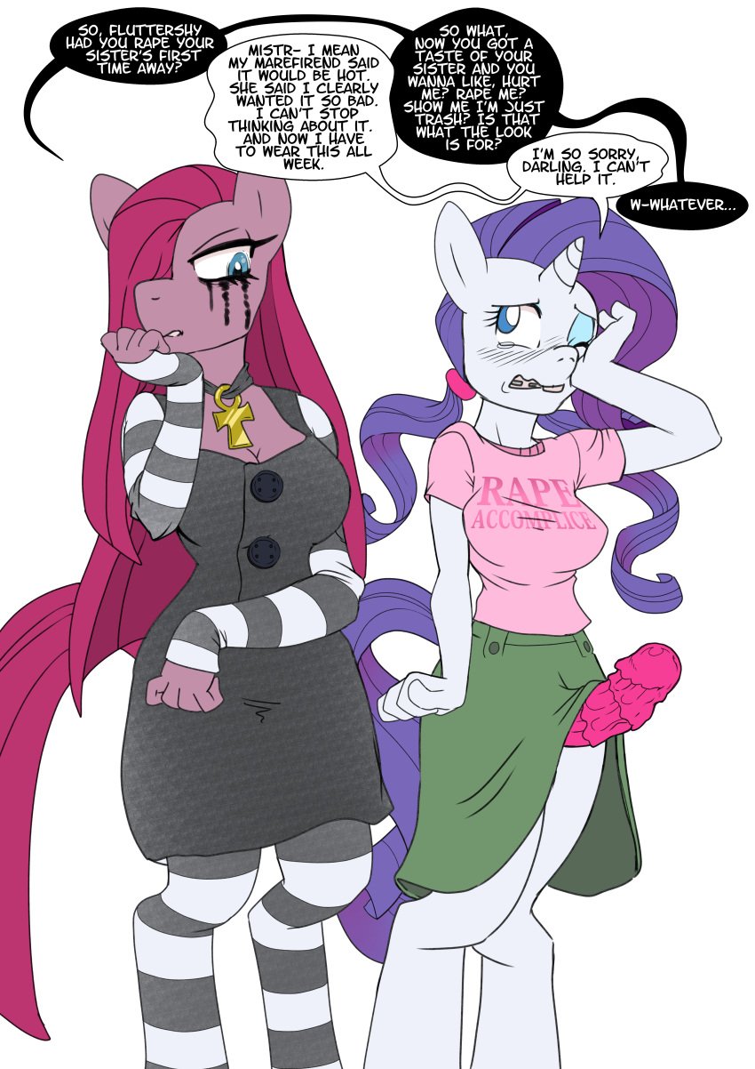 absurd_res anthro bodily_fluids braces clothing crying dildo english_text equid equine female female/female friendship_is_magic furry goth hasbro hi_res horn imminent_rape implied_incest implied_rape incest kandlin legwear mammal my_little_pony nerdification penis pinkamena_(mlp) pinkie_pie_(mlp) rarity_(mlp) reluctant_rapist running_makeup sex_toy stockings strapon tears text unicorn yuri