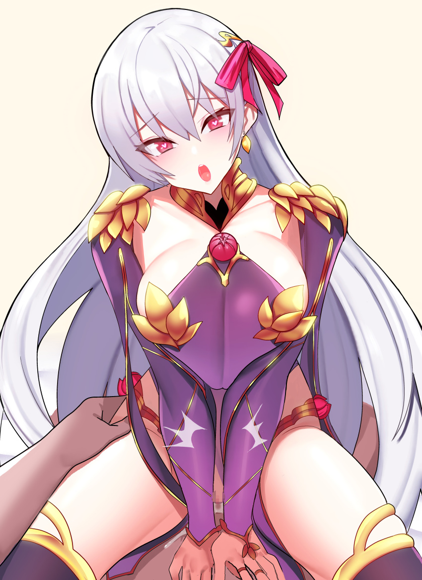 1boy absurdres armlet armor bangs bikini_armor blush bracelet breasts clothed_female_nude_male clothed_sex collar cowgirl_position dark-skinned_male detached_sleeves dress earrings fate/grand_order fate_(series) female hair_ribbon heart heart-shaped_pupils highres jewelry kama_(fate/grand_order) large_breasts long_hair looking_at_viewer metal_collar nude open_mouth pelvic_curtain purple_dress purple_legwear purple_sleeves red_eyes ribbon ring rur4885 sex sideboob silver_hair spread_legs straddling straight symbol-shaped_pupils thighhighs thighlet thighs vaginal_penetration