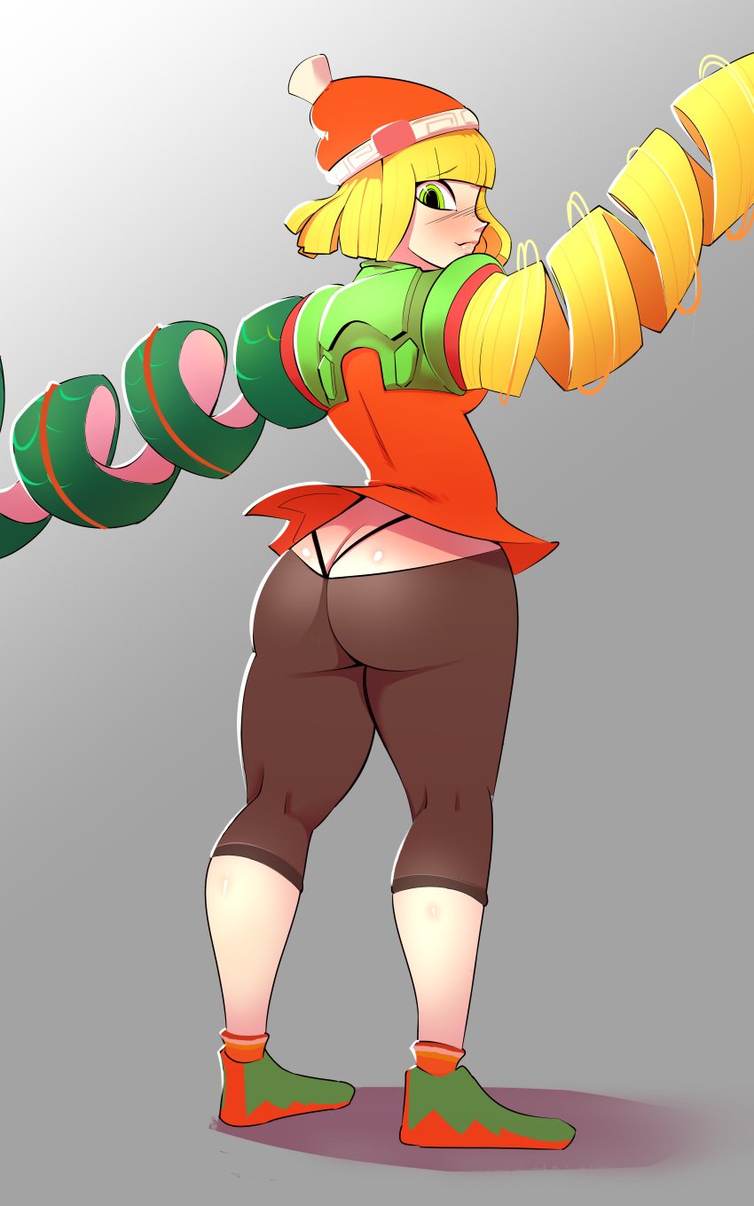 1girls arms_(game) ass ass_cleavage bare_calves big_ass black_thong blonde_hair bob_cut bubble_butt butt butt_crack calves eye_contact female g-string green_eyes hat high_resolution hourglass_figure kamilong leggings looking_at_viewer looking_back min_min_(arms) nintendo pale-skinned_female pale_skin rear_view solo teenager thick_ass thick_thighs thighs thong tight_pants whale_tail wide_hips yoga_pants