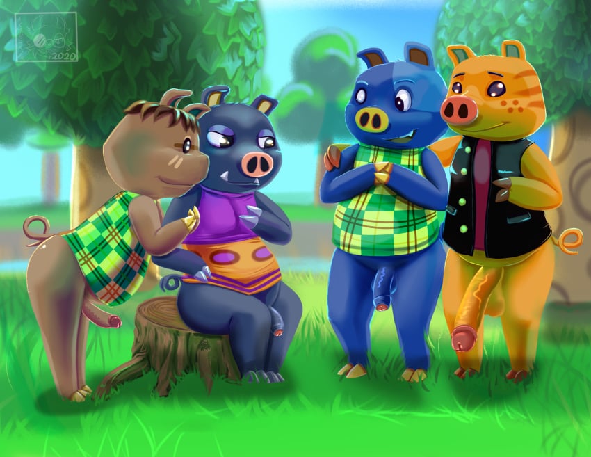 4boys absurd_res animal_crossing anthro asderzx balls black_body blue_body boris_(animal_crossing) bottomless brown_body brown_hair casual_exposure chubby circumcised clothed clothing curly_tail digital_media_(artwork) domestic_pig erection exposed flaccid foreskin genitals group hair half-erect hi_res hugh_(animal_crossing) humanoid_genitalia humanoid_penis kevin_(animal_crossing) large_penis long_penis looking_at_another male male_only male_with_male mammal nintendo open_mouth orange_body outside penis penis_size_difference precum_drip sagging_balls small_penis smile snout split_hooves spork_(animal_crossing) suid suina sus_(pig) topwear tusks uncut veiny_penis video_games yaoi