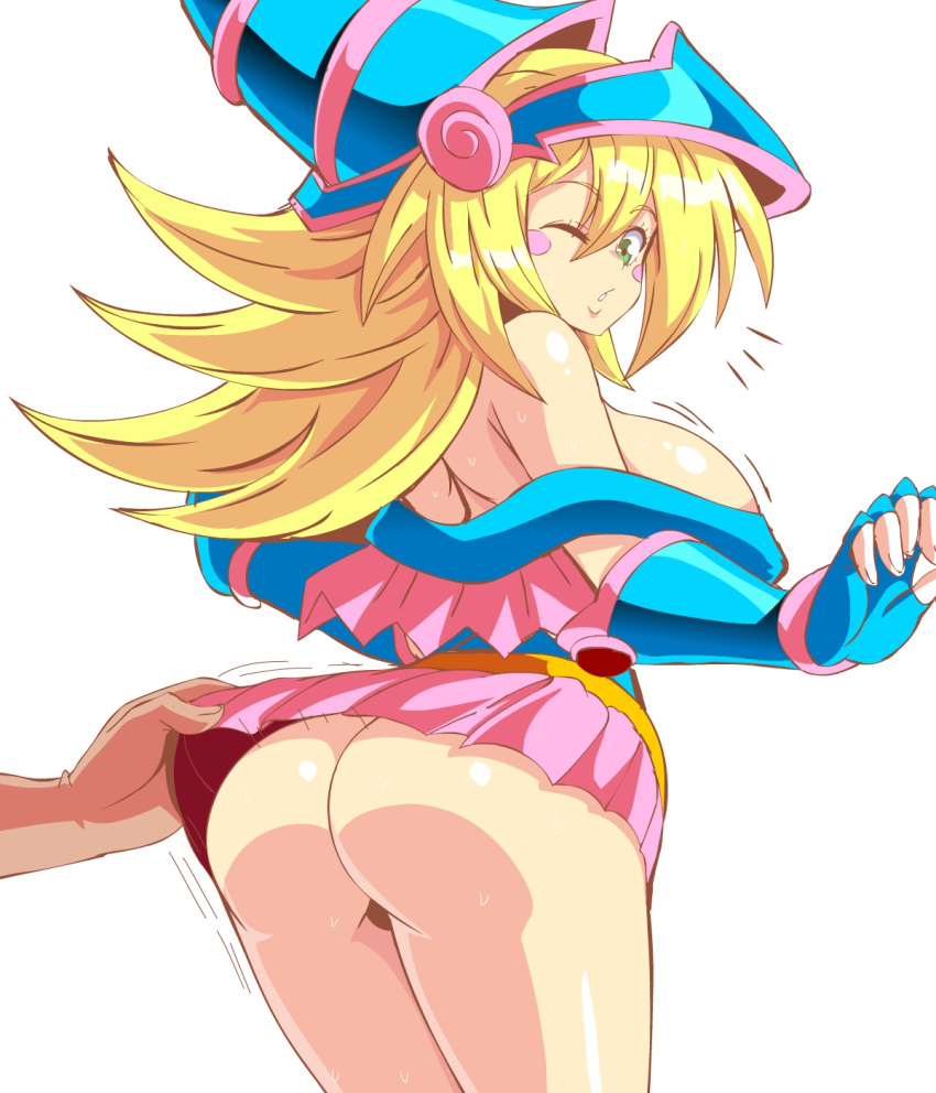 1girls armor ass bent_wrist blonde_hair blush_sticker clothing dark_magician_girl female female_focus green_eyes lewdamone looking_back no_panties one_eye_closed pink_frills shiny_skin skirt skirt_lift sweat white_background wink yu-gi-oh!