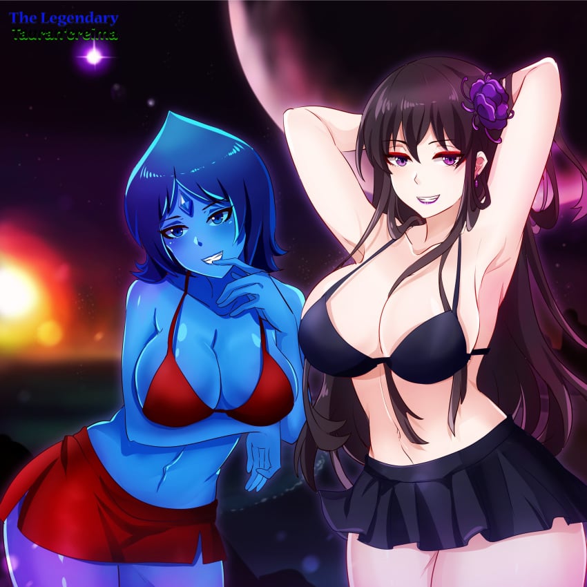 2girls armpits bangs beach black_hair blue_eyes blue_hair blue_skin bra breasts curvaceous curvy deathelena_recreigialas earrings eyebrows_visible_through_hair eyeliner female female_only flower flower_in_hair grin highres jewelry lipstick logo long_hair looking_at_viewer multiple_girls original original_characters pale-skinned_female purple_eyes sacredcourage shiny_skin short_hair skirt standing sunset teeth the_legendary_tauran'creima the_legendary_tauran'creima:_star_beings_of_the_universe thick_thighs velcrimia_celestia