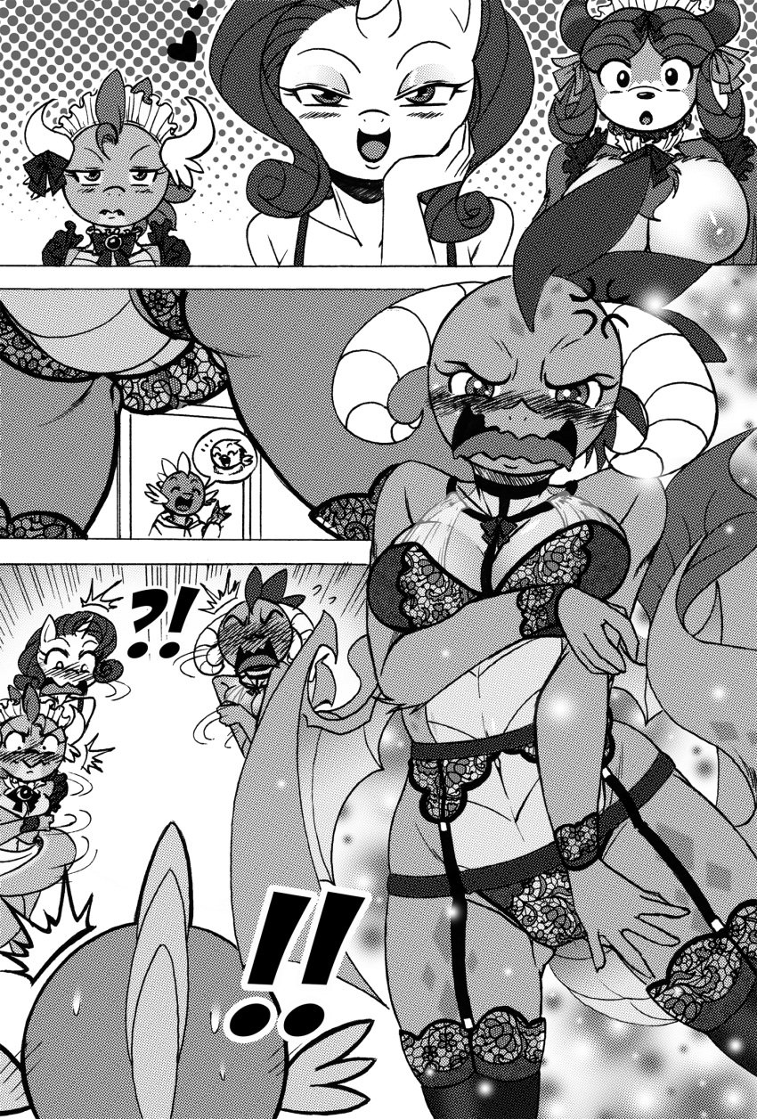 ! ?! anthro barely_visible_genitalia barely_visible_pussy big_breasts blush boastudio bovid bovine bra breasts clothing comic dragon embarrassed equid equine female friendship_is_magic furry garter_belt garter_straps genitals group hasbro heart hi_res horn lingerie maid_uniform male mammal monochrome my_little_pony nipples panties princess_ember_(mlp) pussy rarity_(mlp) smolder_(mlp) smooth_skin spike_(mlp) underwear unicorn uniform yak yona_yak_(mlp)