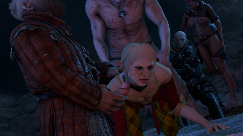 2girls 3boys 3d being_watched cd_projekt_red clothed_sex crossover cum doggy_style dragon_age dragon_age_inquisition dubious_consent elf from_behind geralt_of_rivia letho_of_gulet m1stermorden penis pointy_ears scars sera_(dragon_age) the_witcher the_witcher_(series) the_witcher_3:_wild_hunt triss_merigold watching zoltan_chivay