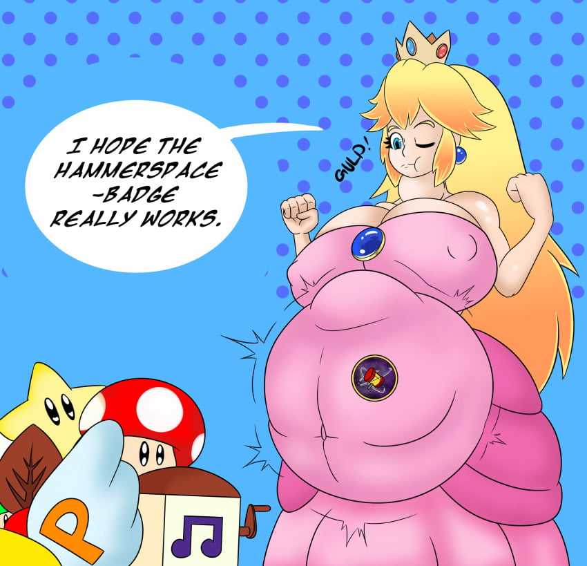 1girls alternate_breast_size belly big_belly big_breasts blonde_hair blue_background blue_eyes breasts cleavage clothing crown dress english_text female female_only gulp gulping hammerspace human hyper hyper_belly item long_hair mario_(series) mr.casino mushroom nintendo nipple_bulge object_insertion object_vore one_eye_closed pink_dress power_up princess princess_peach royal royalty simple_background solo speech_bubble standing super_mario_bros. swallowing swallowing_object text vore