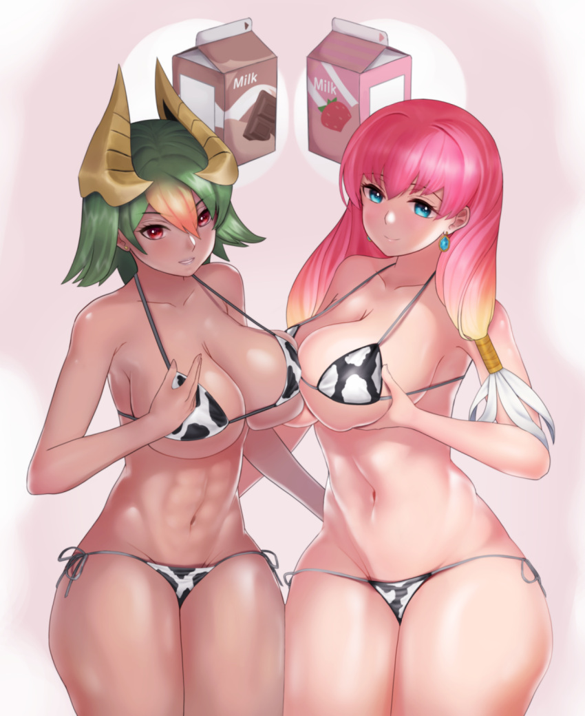 2girls abs bare_shoulders big_breasts bikini blue_eyes breast_grab chocolate_and_vanilla cow_girl cow_print cow_print_bikini dark-skinned_female dark_skin earrings female_only fire_emblem fire_emblem_heroes green_hair gunnthra_(fire_emblem) laegjarn_(fire_emblem) large_breasts medium_hair milk multicolored_hair nintendo pink_hair red_eyes rype short_hair sideboob small_bikini smile thick_thighs underboob year_of_the_ox