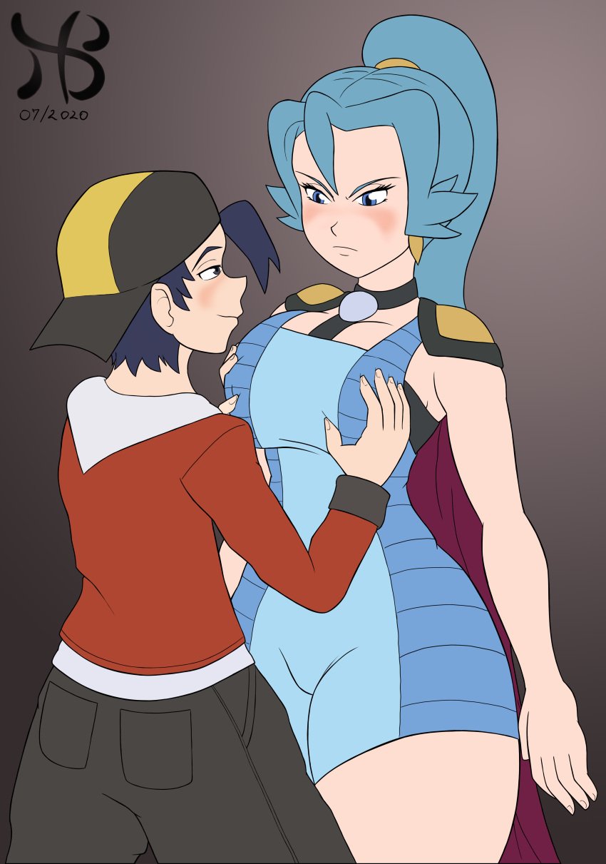 blush breast_grab breasts clair_(pokemon) clothed ethan_(pokemon) hiastobasement_(artist) nintendo pokemon simple_background