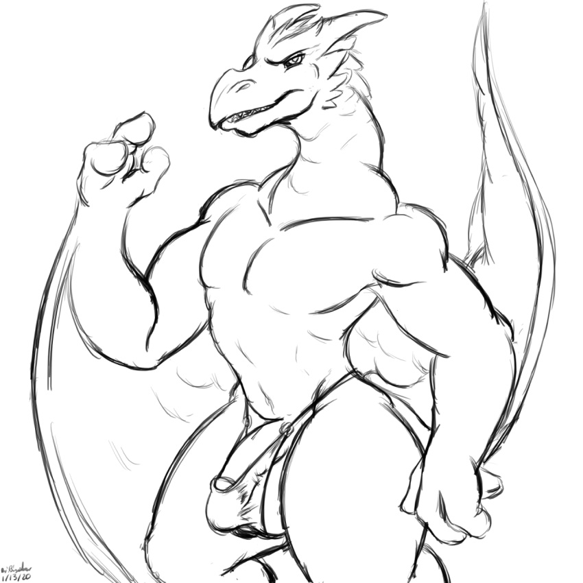 1:1 anthro balls bigshow bulge clothing furry genital_outline genitals godzilla_(series) hi_res kaiju lewd_(disambiguation) looking_at_viewer male male_only monochrome penis penis_outline rodan solo thong toho underwear wings