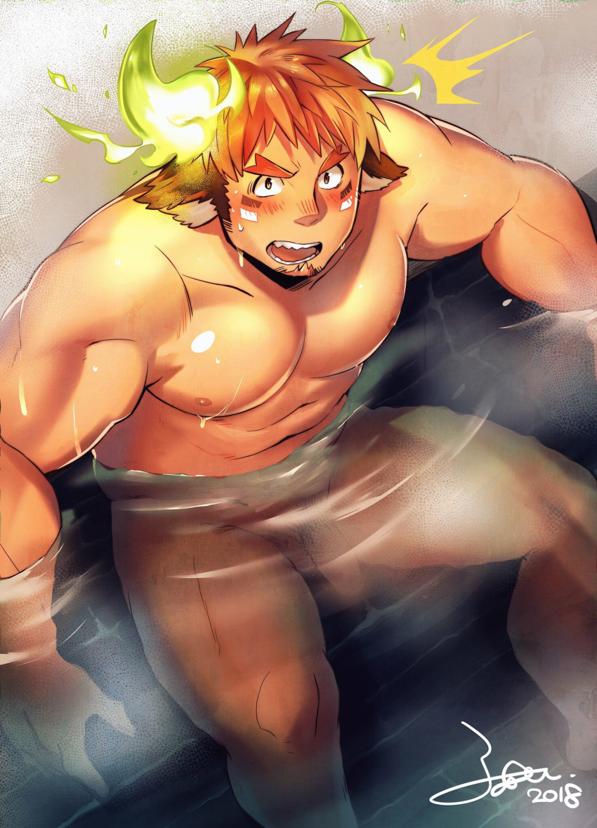 1boy abs animal_ears bangs bara bath beard blurry blush brown_hair censored chest dark_skin facial_hair feathers flaccid forked_eyebrows glowing_horns highres horns looking_at_viewer male_focus male_only manly muscle native_american navel nipples nude open_mouth pectorals penis pesox shiny shiny_hair shiny_skin solo thick_eyebrows tokyo_afterschool_summoners tokyo_houkago_summoners upper_body wakan_tanka water wet