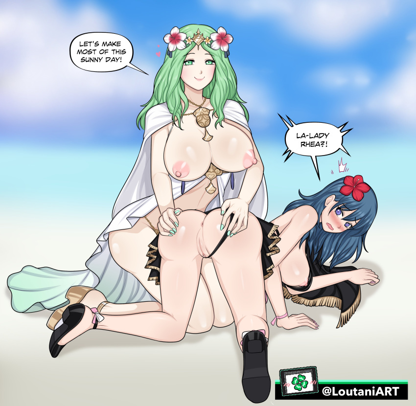 2girls alternate_costume big_breasts black_bikini black_footwear black_swimsuit blue_eyes blue_hair byleth_(fire_emblem) byleth_(fire_emblem)_(female) byleth_(fire_emblem)_(female)_(summer) dialogue english_text female/female female_only fire_emblem fire_emblem:_three_houses fire_emblem_heroes forced_presentation green_eyes green_hair long_hair loutaniart multiple_girls nintendo older_female presenting presenting_hindquarters rhea_(fire_emblem) rhea_(summer)_(fire_emblem) rhealeth sandals text white_bikini white_swimsuit yuri