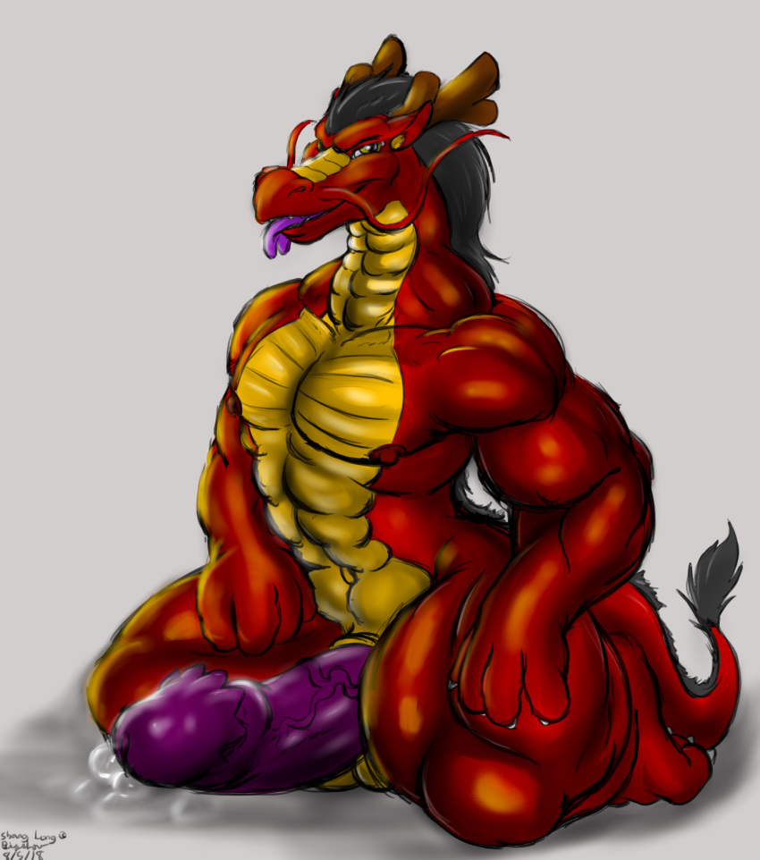 asian_mythology bare_chest bigshow bodily_fluids cum dragon east_asian_mythology eastern_dragon front_view genital_fluids genitals hi_res horn hyper leaking looking_at_viewer male male_only muscular muscular_male mythology penis shang_long solo tongue