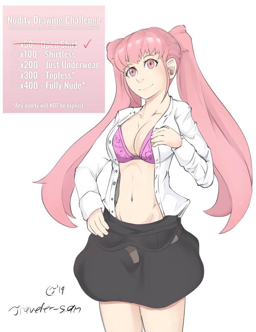 bangs belt blush bra breasts claraspregs cleavage female fire_emblem fire_emblem:_three_houses highres hilda_valentine_goneril long_hair long_sleeves looking_at_viewer pink_bra pink_eyes pink_hair simple_background smile solo twintails unbuttoned unbuttoned_shirt underwear undressed undressing uniform white_background