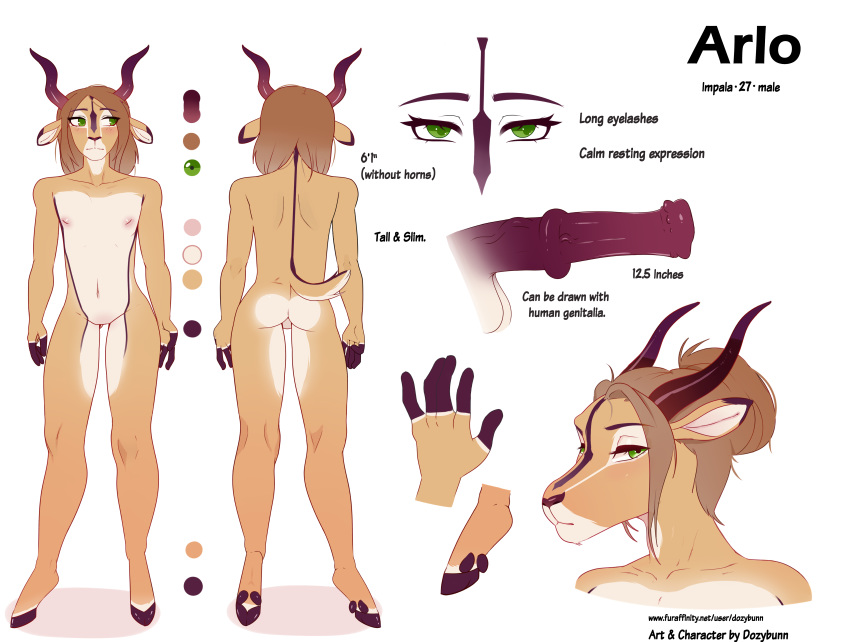 absurd_res animal_genitalia animal_penis antelope anthro arlo ass bovid dozybunn english_text equine_penis gazelle genitals hi_res impala male male_only mammal model_sheet nude penis solo solo_male text url