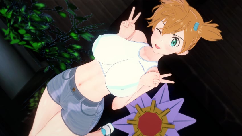 1girls big_breasts blush green_eyes human kasumi_(pokemon) large_breasts nintendo orange_hair pokemon starmie v