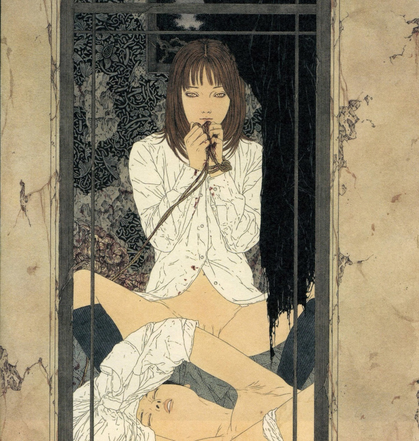 androgynous brown_hair fine_art looking_at_viewer male rope shirt small_penis socks straight_hair yamamoto_takato