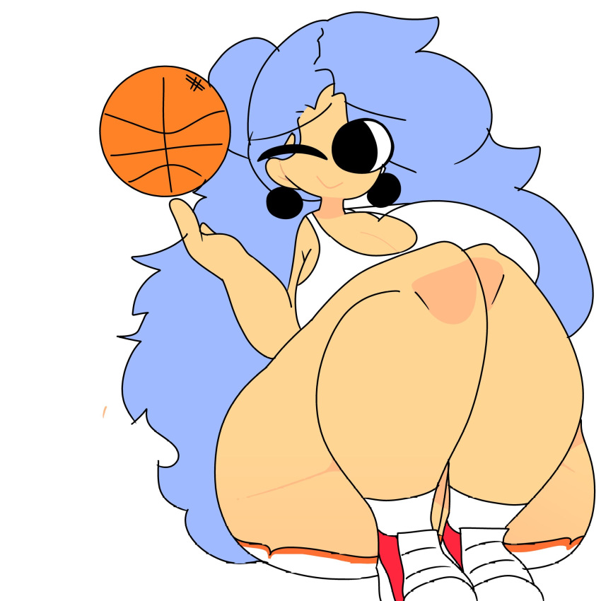 ass ball basketball_(ball) big_ass big_breasts blue_hair rameny_(artist) shorts sports_uniform thick_thighs wink