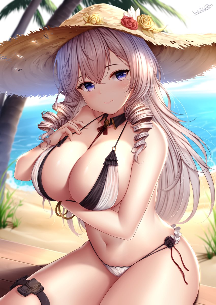 1girls algerie_(azur_lane) algerie_(white_sand_paradise)_(azur_lane) azur_lane bangle bangs bare_shoulders beach between_breasts bikini blurry blush bracelet breast_hold breasts brown_headwear clavicle cleavage closed_mouth day depth_of_field detached_collar drill_hair eyebrows_visible_through_hair female flower hair_between_eyes halterneck hand_on_chest hand_on_own_chest hat hat_flower head_tilt high_resolution jewelry large_breasts leg_belt light-skinned_female light_skin long_hair looking_at_viewer mole mole_under_eye multi-strapped_bikini navel neck_ribbon outdoors purple_eyes ribbon signature silver_hair sitting smile solo stomach straw_hat string_bikini sun_hat swimsuit thighs twin_drills vichya_dominion_(azur_lane) water white_bikini white_swimsuit wsman