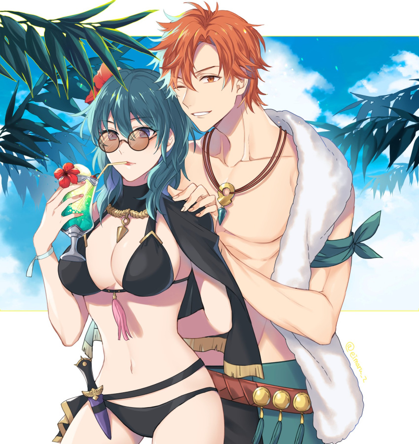 1boy 1girls beach bikini black_bikini black_swimsuit blue_eyes brown-tinted_eyewear byleth_(fire_emblem) byleth_(fire_emblem)_(female) byleth_(fire_emblem)_(female)_(summer) drinking eimaru_z female fire_emblem fire_emblem:_three_houses fire_emblem_heroes flower_in_hair knife large_breasts midriff muscular muscular_male orange_eyes orange_hair sugaharu sunglasses swimsuit sylvain_jose_gautier sylvain_jose_gautier_(summer) teal_hair tinted_eyewear