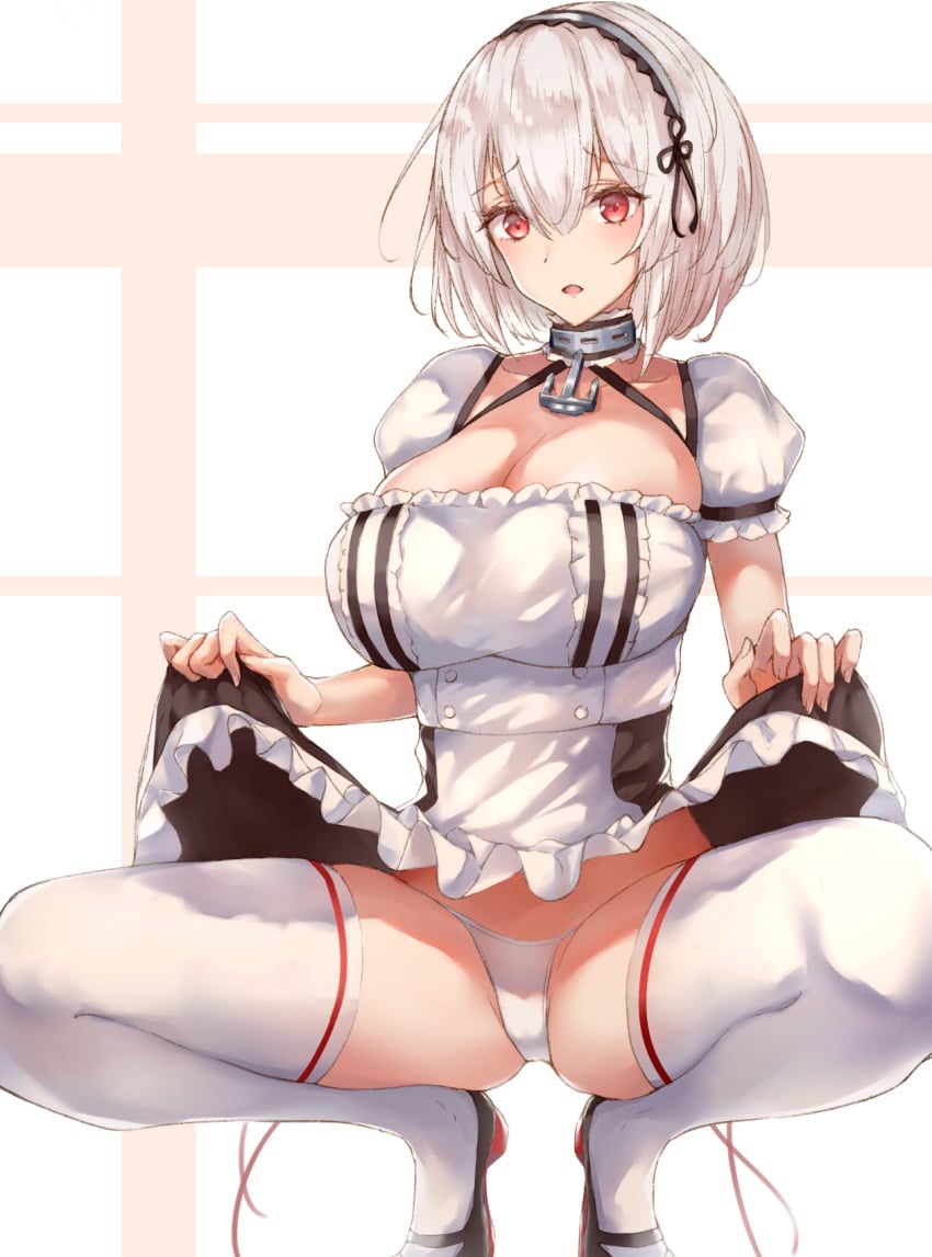 anchor_choker azur_lane bangs black_footwear black_skirt blush breasts choker cleavage dress dress_lift female female hair_between_eyes high_resolution lace-trimmed_hairband large_breasts looking_at_viewer open_mouth pantsu puffy_short_sleeves puffy_sleeves red_eyes ruwoka short_hair short_sleeves sirius_(azur_lane) skirt skirt_lift solo squatting thighhighs thighs underwear white_dress white_hair white_legwear white_panties white_underwear