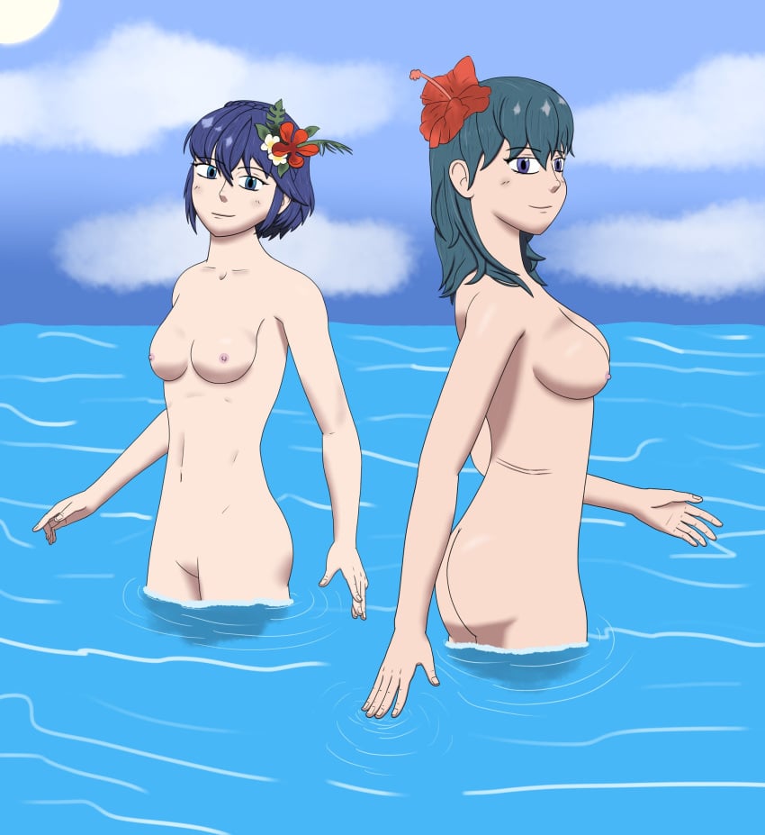 2girls blue_eyes blue_hair byleth_(fire_emblem) byleth_(fire_emblem)_(female) byleth_(fire_emblem)_(female)_(summer) female_only fire_emblem fire_emblem:_three_houses fire_emblem_awakening fire_emblem_heroes flower_in_hair looking_at_viewer lucina_(fire_emblem) lucina_(summer)_(fire_emblem) marth_(fire_emblem_awakening) multiple_girls nude nude_female partially_submerged sea short_hair somelewdstwc teal_hair water