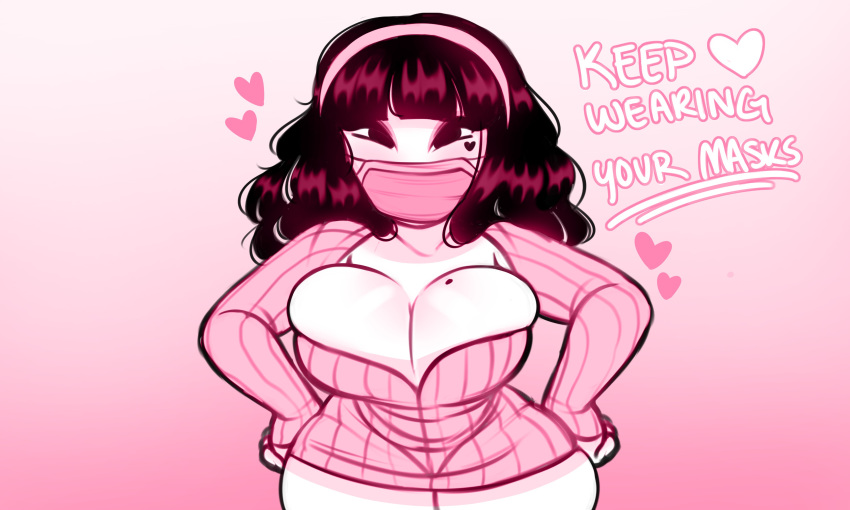 1girls ami_(cinnabus) bangs big_ass big_breasts big_butt big_thighs blush blushing bottomless cinnabus cleavage cleavage_overflow curly_hair eyebrows_behind_hair female female_focus female_only gradient_background hairband hands_on_hips happy heart heart_marking large_breasts leaning_forward long_sleeves looking_at_viewer mask mole_on_breast no_bra pink_eyeshadow pink_mask shiny_breasts shiny_skin shoulder_length_hair simple_background smile smiling surgical_mask sweater text thick_thighs upper_body wavy_hair white_skin