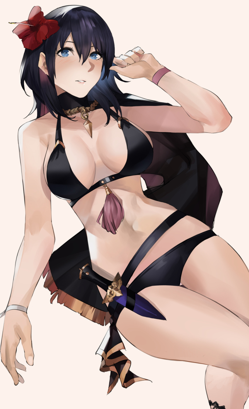 1girls alternate_costume big_breasts bikini black_bikini black_sweater black_swimsuit blazpu blue_eyes byleth_(fire_emblem) byleth_(fire_emblem)_(female) byleth_(fire_emblem)_(female)_(summer) cape cleavage fire_emblem fire_emblem:_three_houses fire_emblem_heroes flower flower_in_hair knife large_breasts navel nintendo solo solo_female swimsuit teal_hair