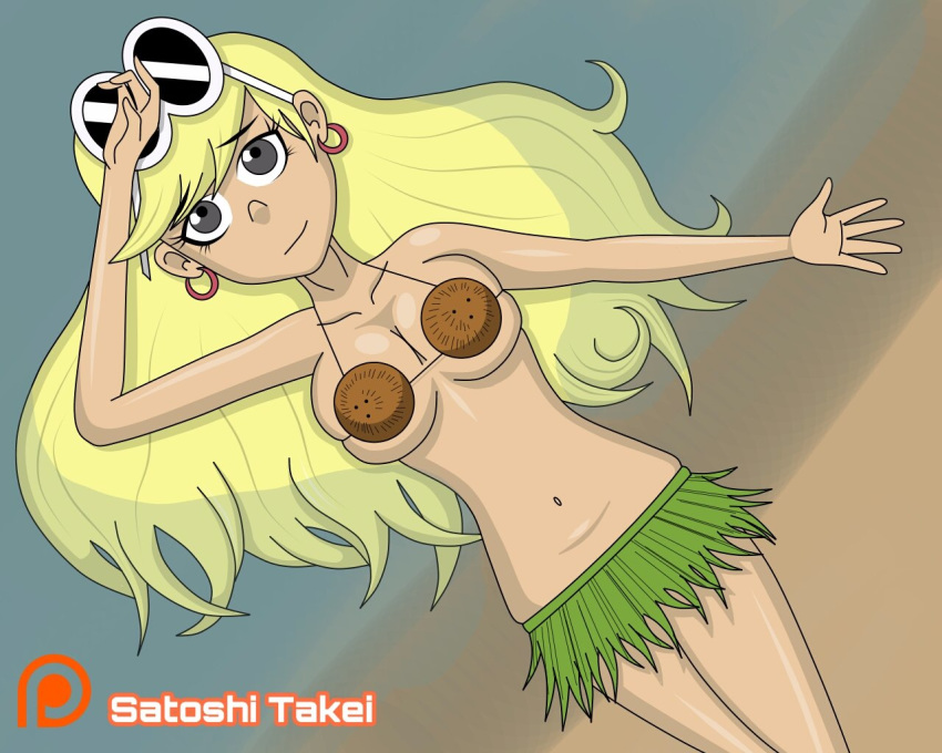 1girls beach belly_button blonde_hair breasts coconut_bra earrings female female_only grass_skirt hula leni_loud long_hair looking_at_viewer lying midriff satoshi_takei smile solo solo_female solo_focus straight_hair the_loud_house