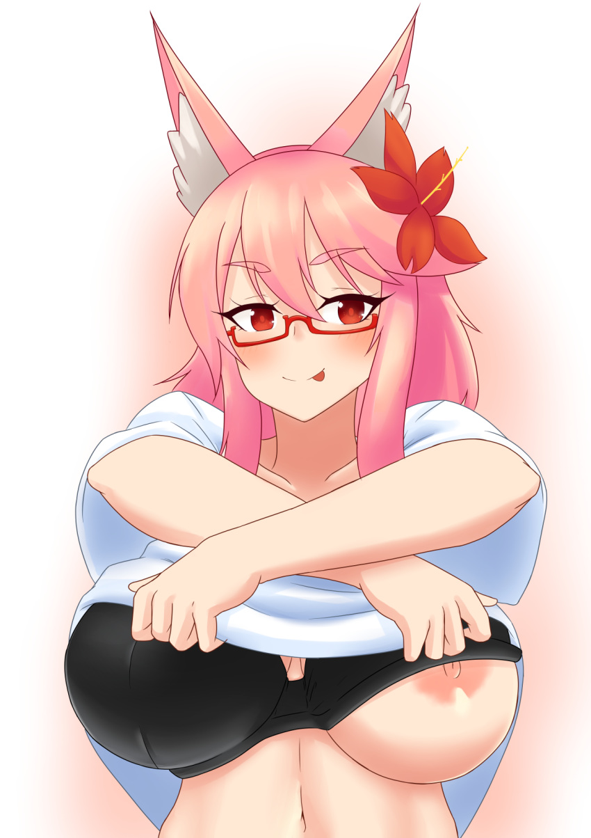 animal_ears breasts elysia_watanabe flower fox_ears glasses hair_flower hair_ornament highres nipple_slip nipples one_breast_out original pink_hair puffywaffles red_eyes shirt t-shirt tongue tongue_out undressing