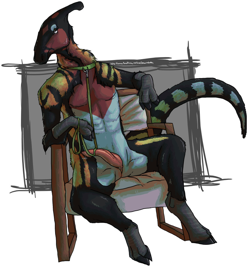 absurd_res anthro arco_(drawindonkey) chair collar dinosaur drawindonkey furniture genitals grey_background hadrosaurid hi_res leash looking_at_viewer male male_only ornithischian parasaurolophus penis raised_tail reptile scalie simple_background solo spread_legs spreading ventral_slit