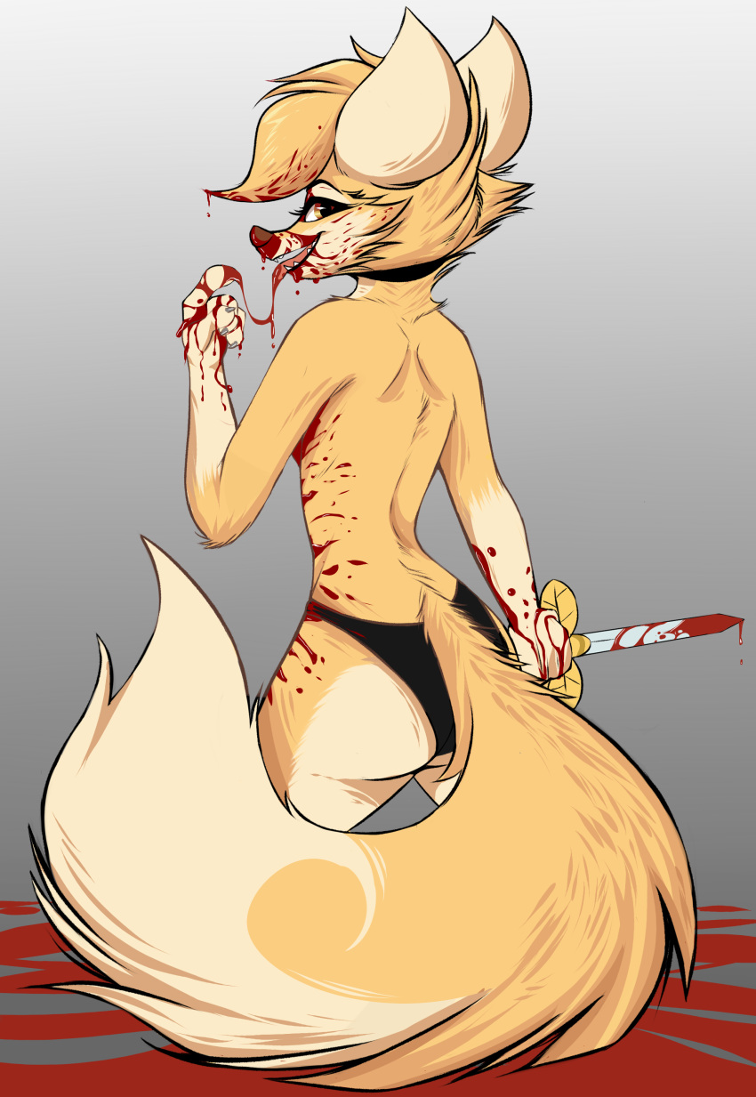 2020 absurd_res anthro ass blood bodily_fluids canid canine dagger female fox fur gore grey_background hi_res holding_object holding_weapon juantriforce looking_back mammal melee_weapon open_mouth open_smile panties_only sharp_teeth simple_background smile solo teeth tongue tongue_out weapon yellow_body yellow_fur