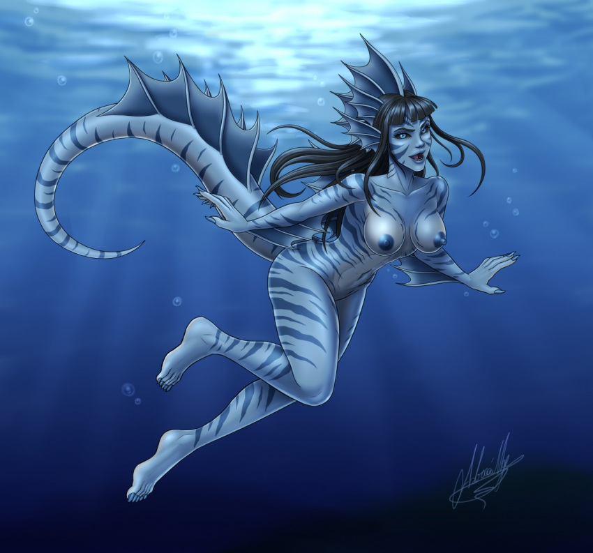 animal_humanoid blue_body blue_eyes blue_skin breasts bubble female fin genitals growingdragon hair humanoid looking_at_viewer marine marine_humanoid monster_girl mythical_creature nipples nude plantigrade solo stripes underwater undine water