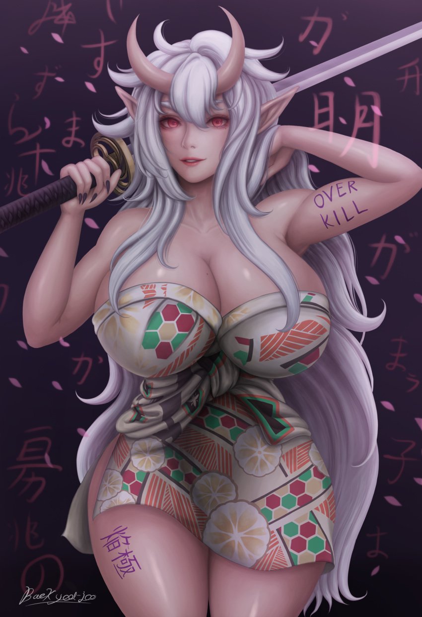 1girls beatmania beatmania_iidx cleavage female female_only horns huge_breasts katana large_breasts oni pointy_ears pose red_eyes solo solo_female sword voluptuous white_hair wide_hips yeoljoo