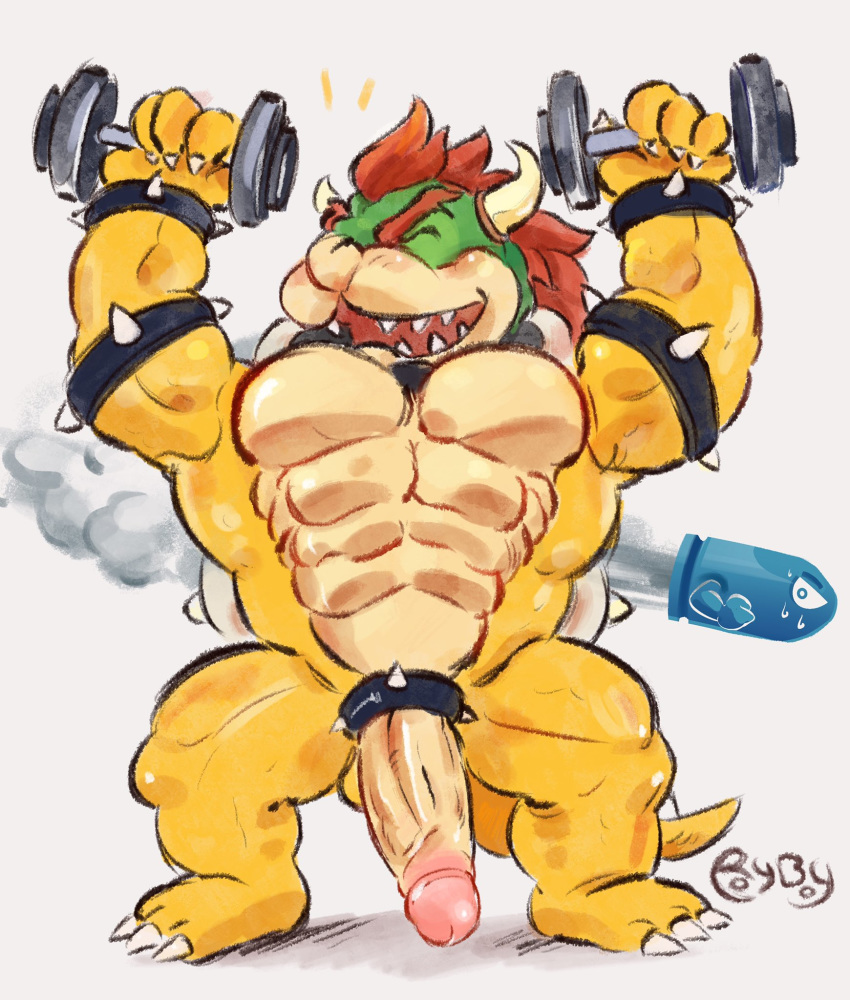 accessory anthro balls bowser cock_ring exercise genitals hi_res jewelry koopa male male_only mario_(series) muscular muscular_anthro muscular_male nintendo nude penis penis_accessory penis_jewelry royboi scalie solo video_games weightlifting workout