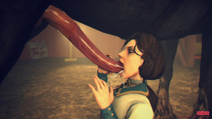 3d barn bioshock bioshock_infinite closed_eyes clothed cum cum_in_mouth cum_inside elizabeth_comstock fellatio female hair highres horse horsecock huge_cock human interspecies male oral penis soloid source_filmmaker zoophilia