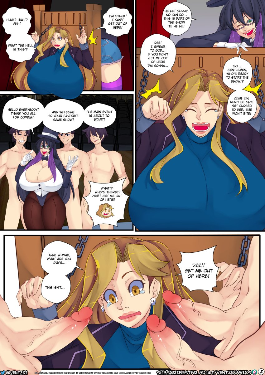 2girls 3boys april_fools big_ass big_breasts blonde_female blonde_hair brayaneroartist breasts_bigger_than_head breasts_bigger_than_torso brown_hair bubble_butt chained_wrists comic comic_page dialogue female fer_(ventzx) game_show gigantic_ass gigantic_breasts huge_ass huge_breasts innocent locked male multiple_boys multiple_penises oc purple_hair shorts shy thick_ass thick_thighs thighhighs trapped ventzcomics ventzx ventzx1