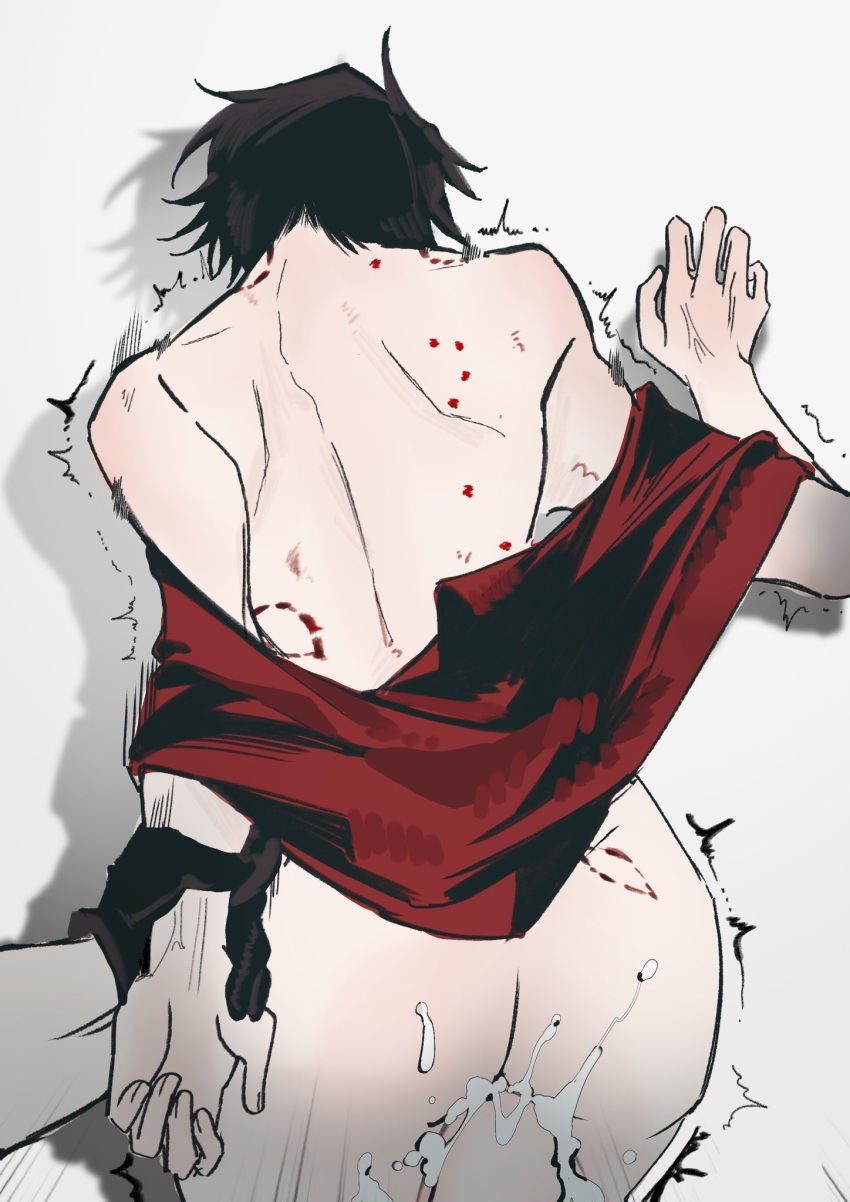 2boys against_wall anal ass back bite_mark bite_mark_on_ass bite_mark_on_back bite_mark_on_shoulder black_gloves black_hair chinese_commentary commentary_request cowboy_shot cum cum_in_ass cum_on_ass cum_on_body cum_overflow from_behind gloves hickey highres male male_focus motion_lines multiple_boys naked_shirt ooe_(game) oosaki_(ooe) orgasm penis pov pov_hands qincaihefan sex sex_from_behind shadow shinbashi_(ooe) shirt short_hair solo_focus speed_lines twitching white_background yaoi