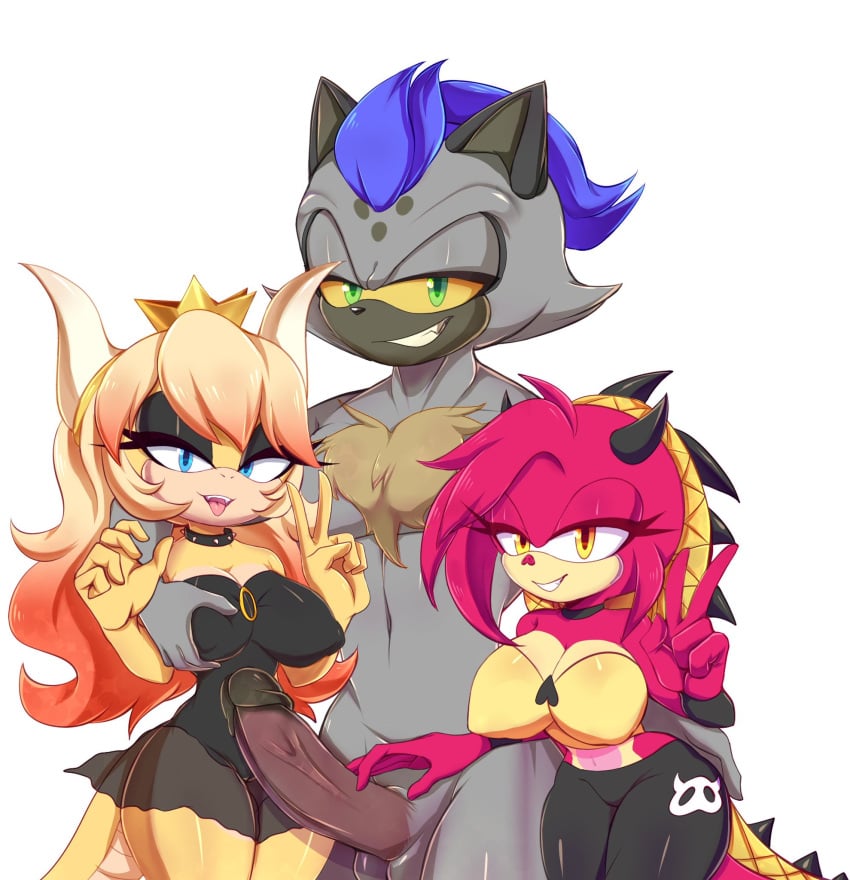armadillo blue_hair breast_squish breasts chest_fur clothing crown digital_media_(artwork) dragon drifa_(eggbot15) dsai_andrew fan_character female genitals group hair headgear hi_res horn hyena leotard male mammal mythological_creature mythological_scalie mythology nixus_(eggbot15) peace_symbol penis roksana_(eggbot15) scalie sega sonic_(series) sonic_the_hedgehog_(series) spikes squish suid suine tail trio warthog xenarthran