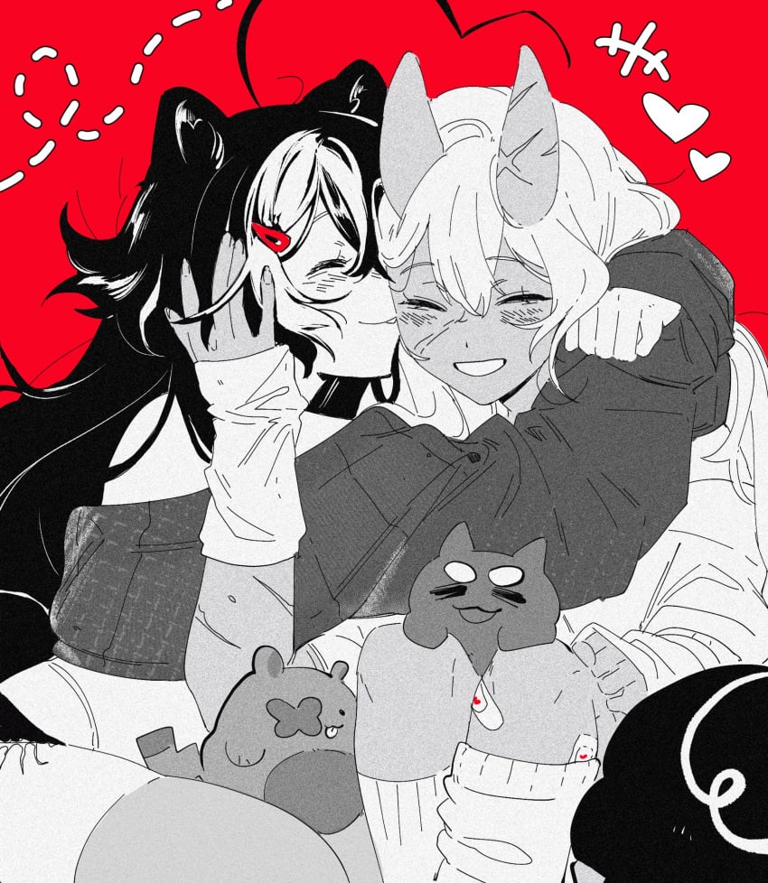 2girls akumi animal_ears bandages bear_ears black_hair blush closed_eyes cute female heart hood hoodie hug jacket long_hair long_sleeves looking_at_viewer momotexx_(artist) momotexx_(vtuber) multiple_girls no_sex one_eye_closed partially_colored red_background red_eyes sfw short_hair simple_background smile spot_color virtual_youtuber vyugen wholesome yuri
