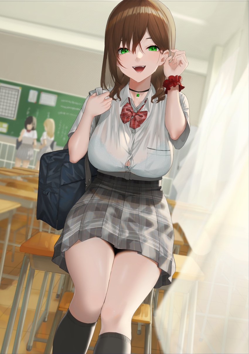 3girls absurdres bag black_bag black_hair black_socks blonde_hair blue_bra bow bowtie bra bra_peek bra_visible_through_clothes breast_pocket breasts brown_hair chalkboard classroom cleavage_window desk female female_only fully_clothed green_eyes grey_skirt hair_between_eyes highres indoors kneehighs large_breasts long_hair looking_at_viewer multiple_girls on_desk open_mouth original plaid_bow plaid_bowtie plaid_clothes pocket red_bow red_bowtie red_scrunchie rushian school_bag school_desk school_uniform scrunchie sfw shirt short_sleeves sitting skirt socks solo_focus teeth thighs tucking_hair_back underwear white_shirt wrist_scrunchie