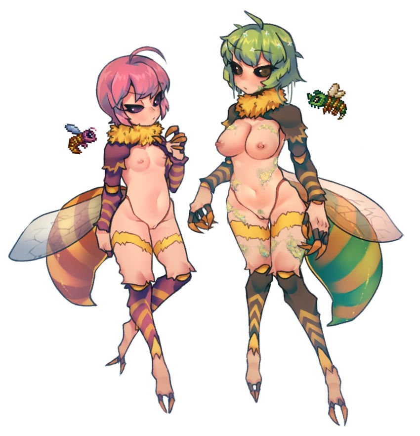 2_toes 5_fingers ahoge alternate_species animal_humanoid areola arthropod arthropod_abdomen arthropod_humanoid bee bee_humanoid big_breasts black_sclera breast_size_difference breasts brown_eyes claws duo eyelashes female fingers floating genitals green_hair hair hi_res hornet_(terraria) humanoid humanoidized hymenopteran hymenopteran_humanoid insect_humanoid insect_wings insects looking_at_viewer monotone_hair monster_girl moss_hornet_(terraria) multicolored_body multicolored_skin navel neck_tuft nipples nude nyong_nyong pink_hair pink_nipples pubes purple_eyes pussy reference_inset short_hair simple_background slim small_breasts standing stinger stripes terraria toes tuft white_background wings yellow_stripes