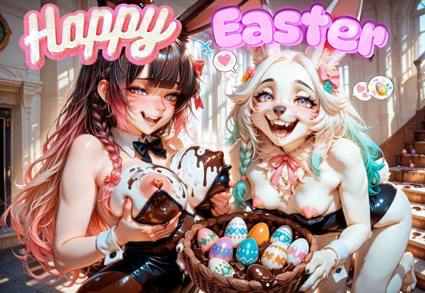 2girl 2girls adoptable ai_generated anniversary anthro basket bunny bunny_ears bunny_girl bunnygirl bunnysuit celebration chocolate chocolate_on_body chocolate_on_breasts commission commission_art cupping_breasts cute cute_face detailed_eyes easter easter_egg eggs email_address excited excited_for_sex female food_on_body food_play furry gradient_eyes gradient_hair happy happy_female happy_sex happy_trail holidays human laughing looking_at_another looking_at_viewer nipple_fetish nipple_play nipples onlyfans open_mouth patreon patreon_logo patreon_url patreon_username stained stains teasing teasing_viewer teeth teeth_showing teeth_visible two-tone_hair visible_nipples ych