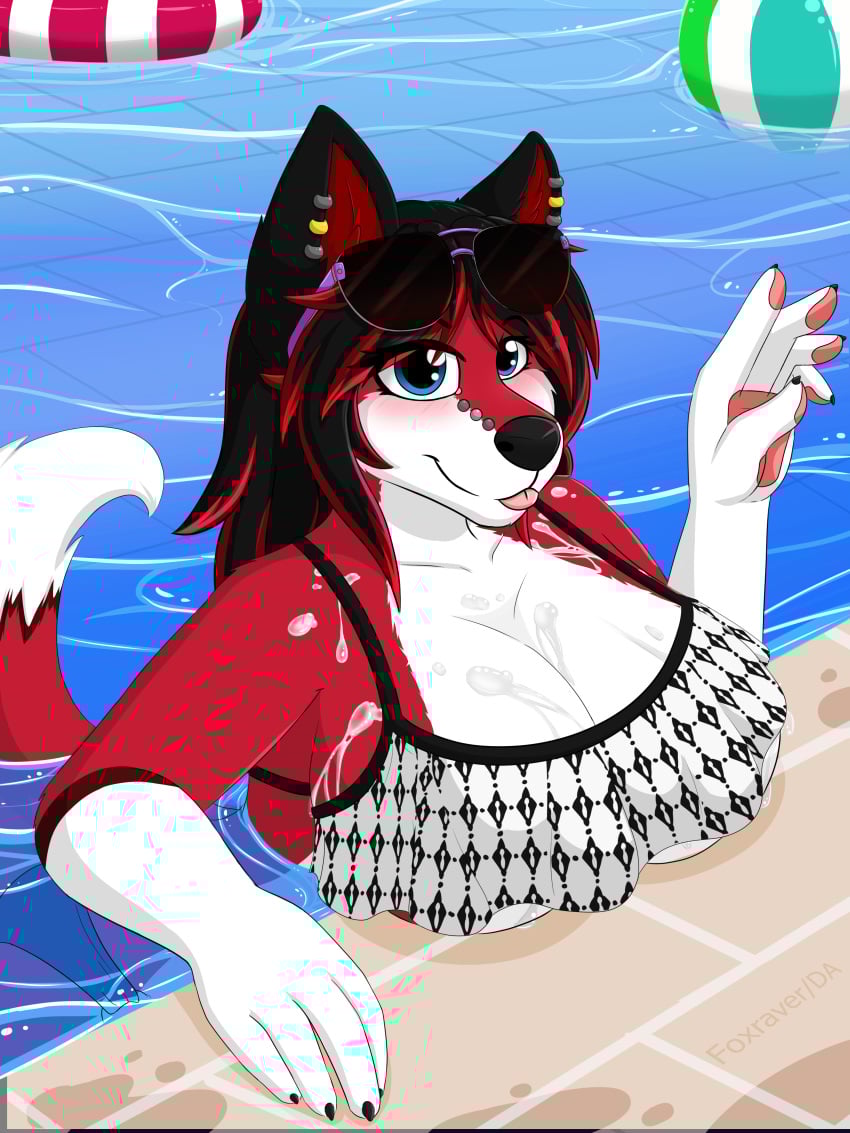 absurd_res anthro bikini bodily_fluids breasts canid canine cleavage clothed clothing cum cum_on_body cum_on_breasts eyewear eyewear_on_head female fox foxraver genital_fluids glasses glasses_on_head hi_res in_pool looking_at_viewer mammal red_fox solo swimwear tongue tongue_out trinity_(furbakirkie) true_fox two-piece_swimsuit