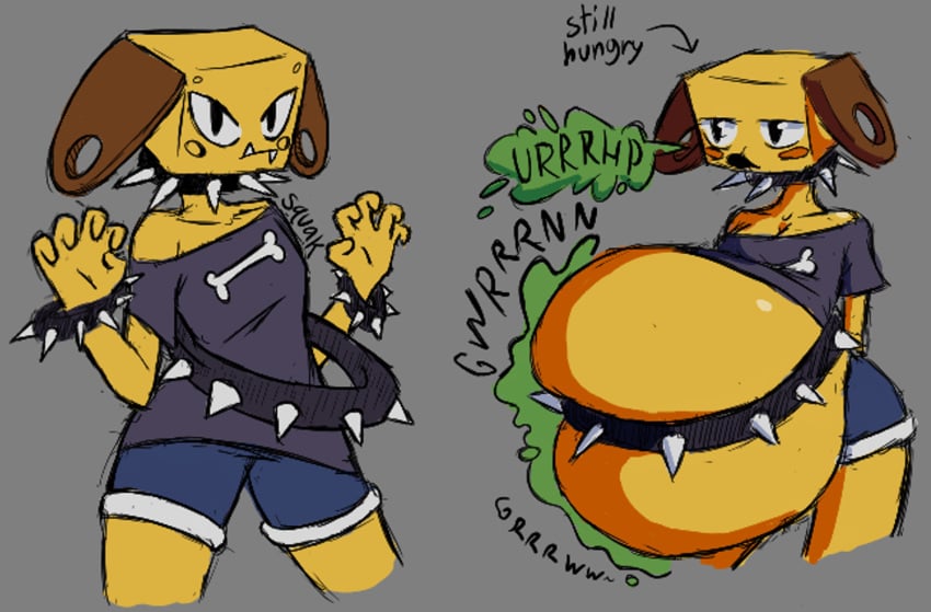 1girls anthro belly belly_noises belt belt_around_belly bracelet breasts broggy burp burp_cloud burping canine canine_humanoid cheeze_squak collar fat female female_focus female_only gijinka hips mario_(series) mario_and_luigi_(series) nintendo overweight overweight_female shorts spiked_belt spiked_bracelet spiked_collar stomach stomach_noises vore weight_gain yellow_skin