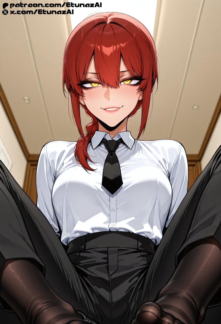 ai_generated black_pants chainsaw_man etunazai makima_(chainsaw_man) orange_eyes red_hair tie white_shirt