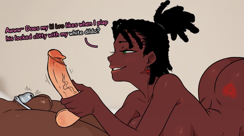 1boy 1girls 2025 2d ballbusting bb_cat_(artist) big_sister black_cuck bleached brother_and_sister cbt chastity_cage chastity_device cucked_by_sister dialogue dildo duo female femboy feminine_male feminization hitting_balls_with_dildo humiliation incest light-skinned_male light_skin male penis queen_of_hearts raceplay siblings sisterly_cuckold small_penis small_penis_humiliation tagme text