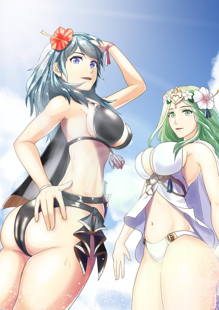 alternate_costume ass big_breasts bikini_bottom bikini_top black_bikini black_swimsuit blue_eyes byleth_(fire_emblem) byleth_(fire_emblem)_(female) byleth_(fire_emblem)_(female)_(summer) female female_only fire_emblem fire_emblem:_three_houses fire_emblem_heroes flower flower_in_hair gzo1206 long_hair nintendo rhea_(fire_emblem) rhea_(summer)_(fire_emblem) swimsuit teal_hair white_bikini white_swimsuit